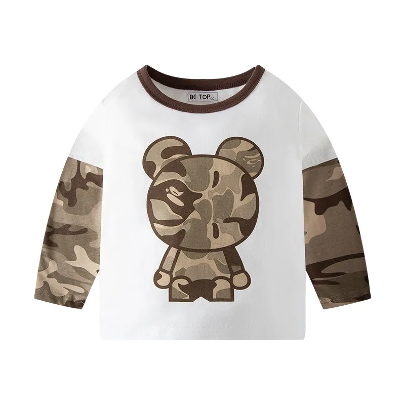 2-Pack Camouflage Bear Color Block Boys' Long Sleeve T-Shirt in Pure Cotton