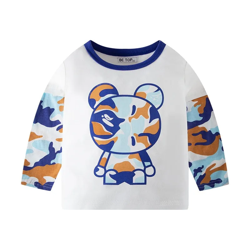 2-Pack Camouflage Bear Color Block Boys' Long Sleeve T-Shirt in Pure Cotton