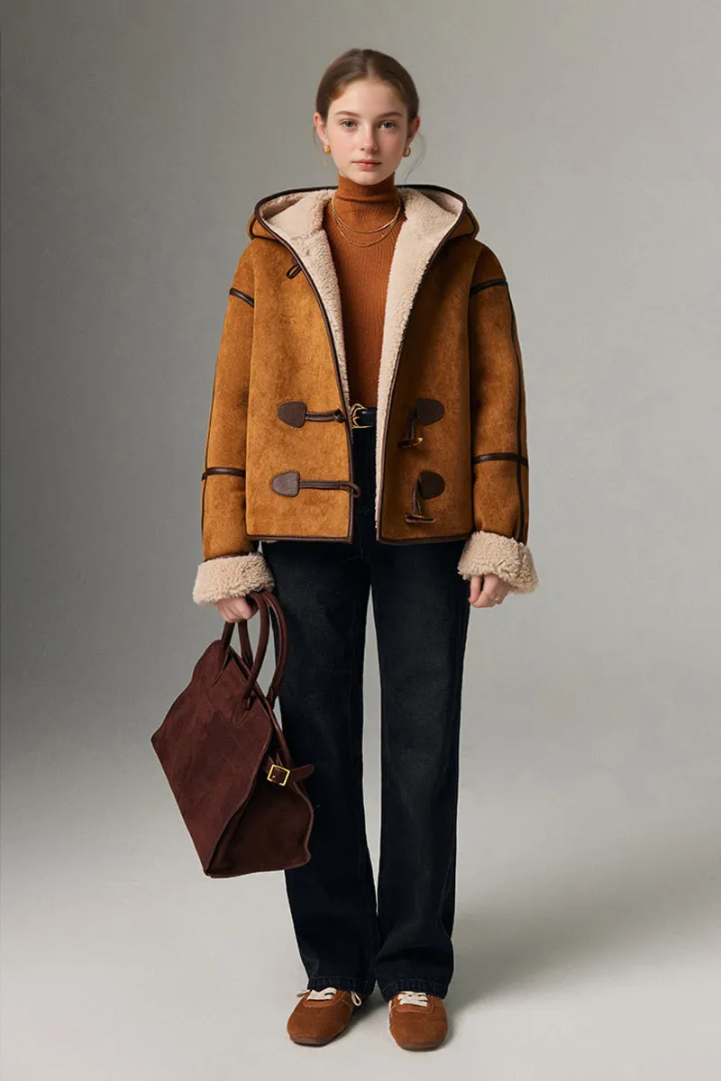 Black Suede Shearling Coat with Hood
