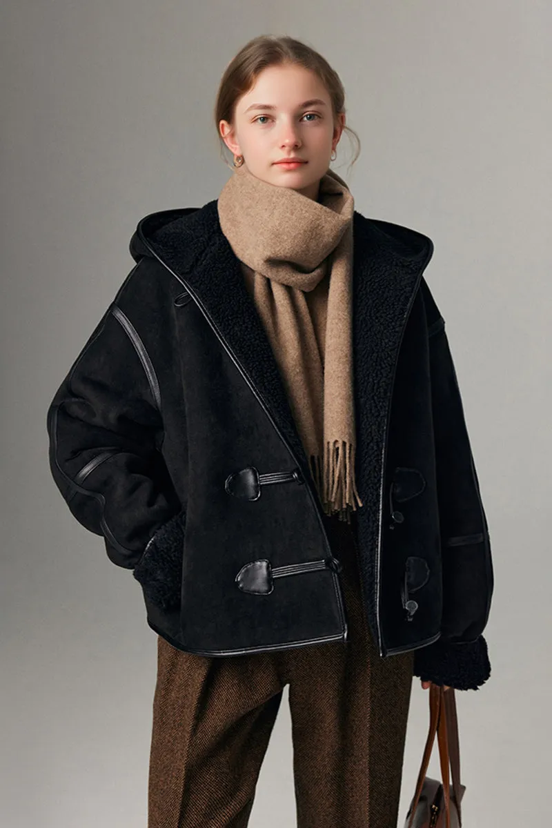 Black Suede Shearling Coat with Hood