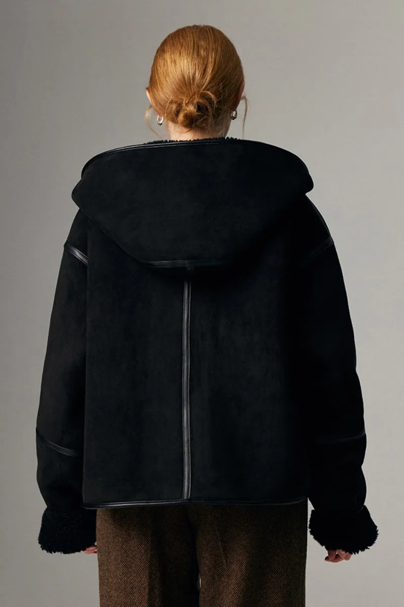 Black Suede Shearling Coat with Hood