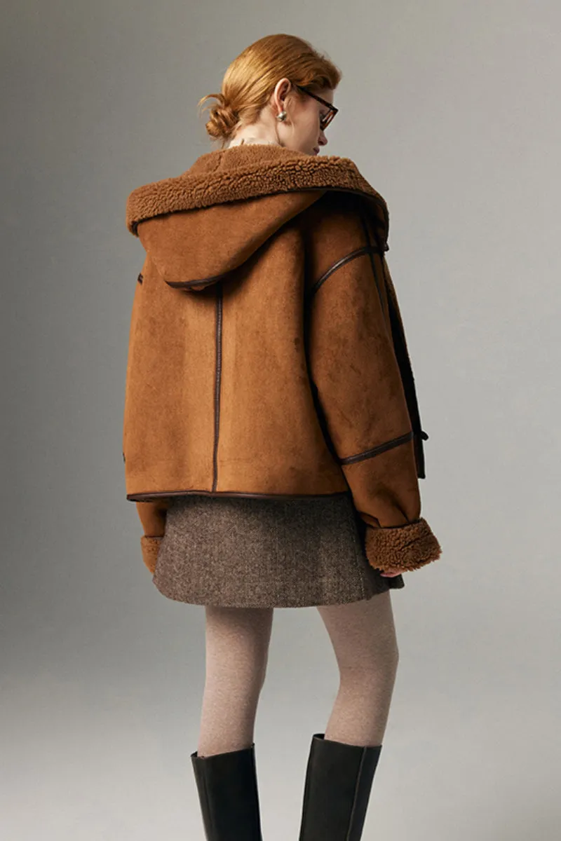 Black Suede Shearling Coat with Hood