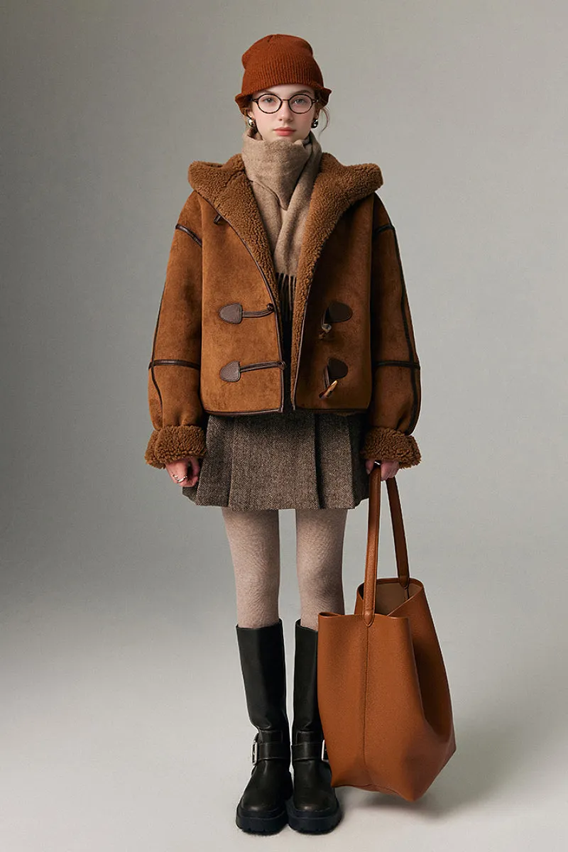 Black Suede Shearling Coat with Hood