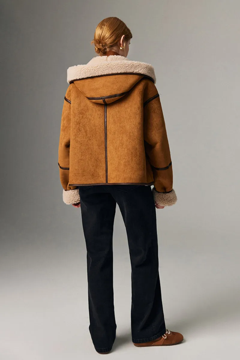 Black Suede Shearling Coat with Hood