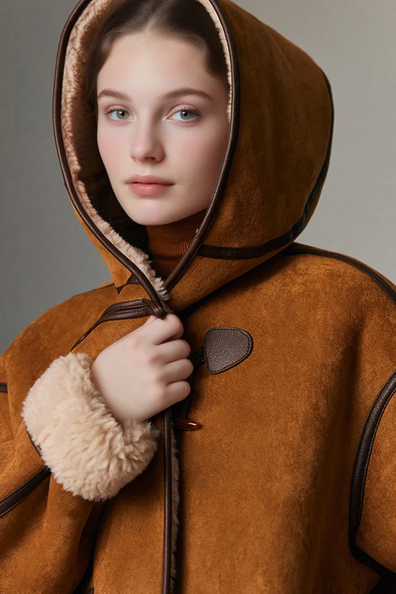 Black Suede Shearling Coat with Hood