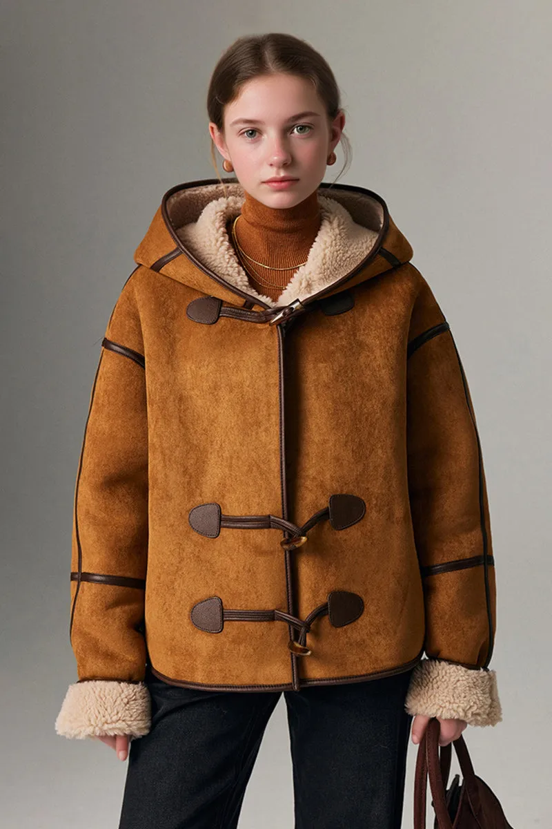 Black Suede Shearling Coat with Hood