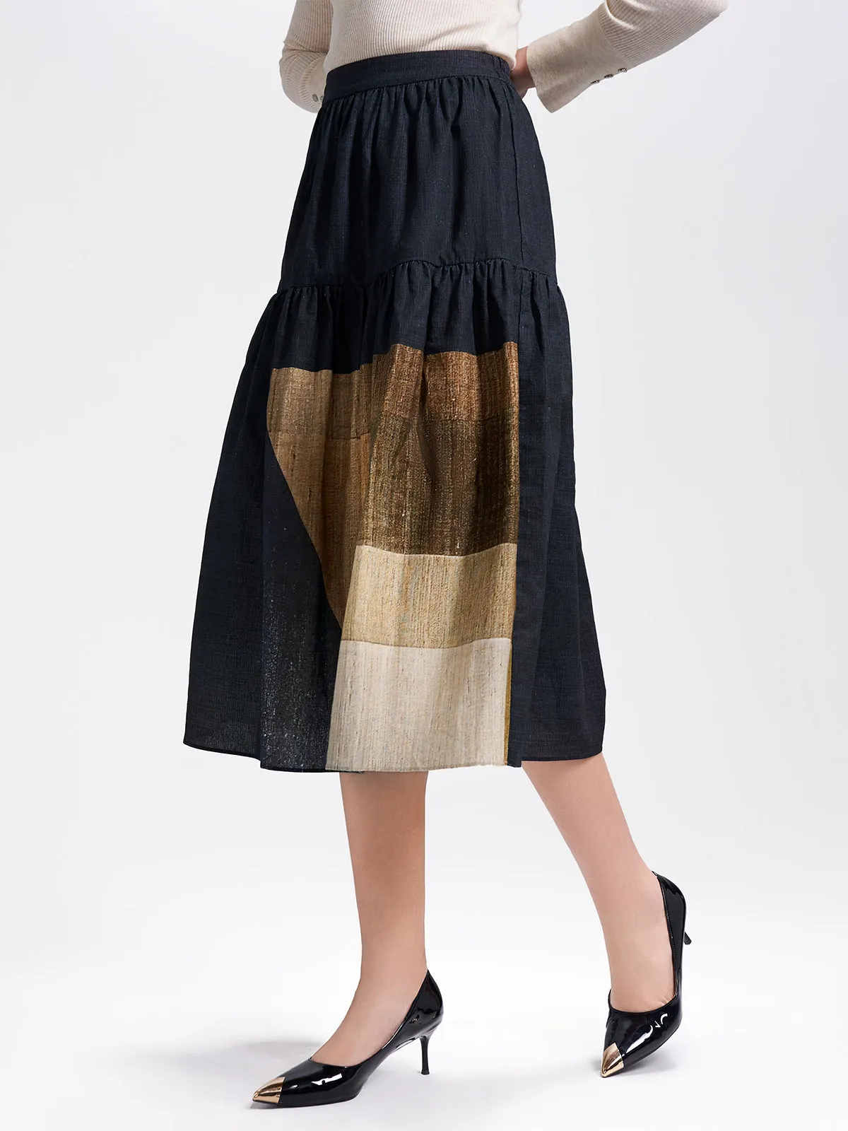 Colorblock Print Midi Skirt