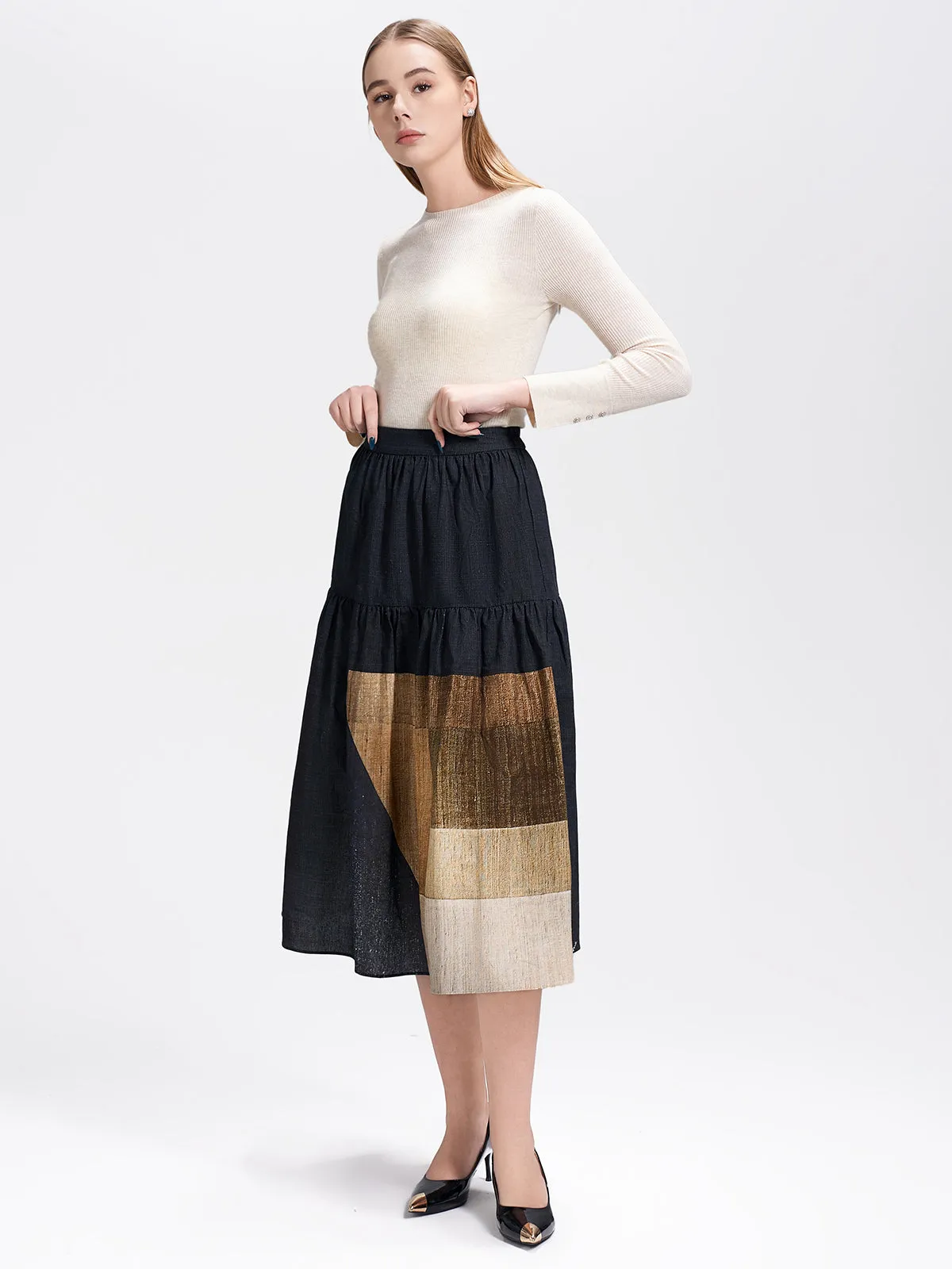 Colorblock Print Midi Skirt