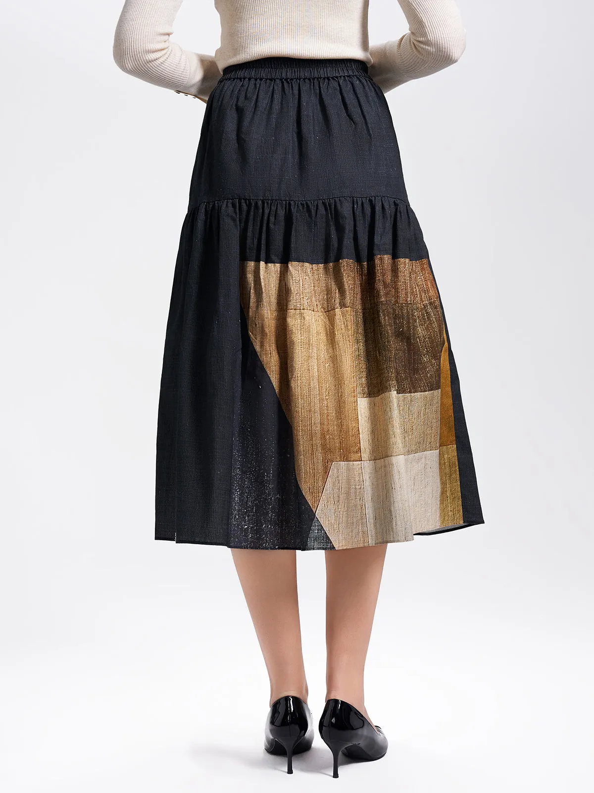 Colorblock Print Midi Skirt
