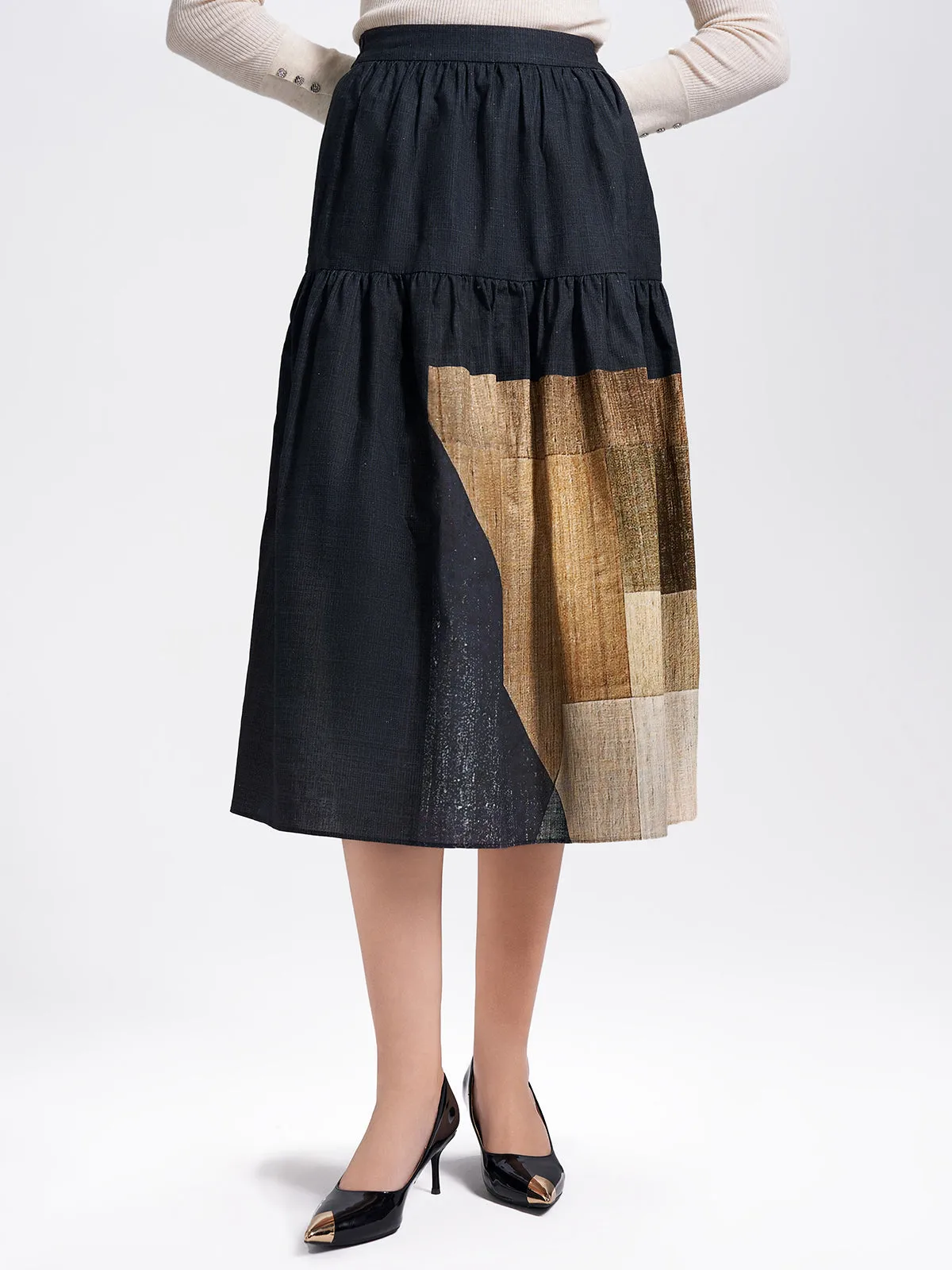 Colorblock Print Midi Skirt