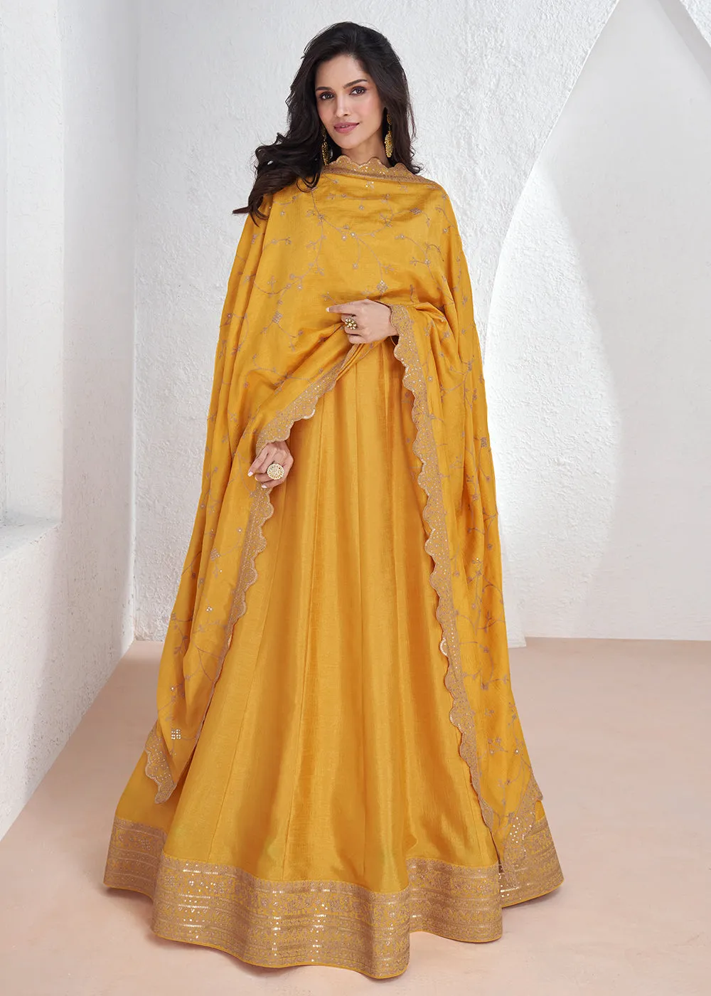 Elegant Yellow Embroidered Silk Wedding Anarkali Dress