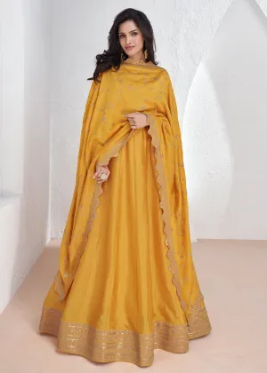 Elegant Yellow Embroidered Silk Wedding Anarkali Dress