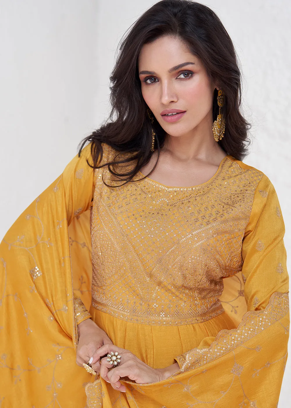 Elegant Yellow Embroidered Silk Wedding Anarkali Dress