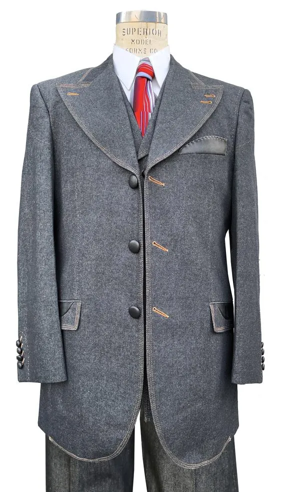 High Peaked Lapel Tri Pocket Denim 3pc Zoot Suit Set - Black