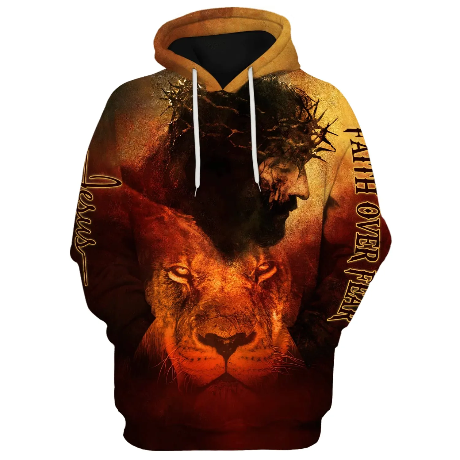 Jesus and Lion 3D Hoodies Faith Over Fear Hoodies Jesus Hoodie Men & Women Christian Hoodie