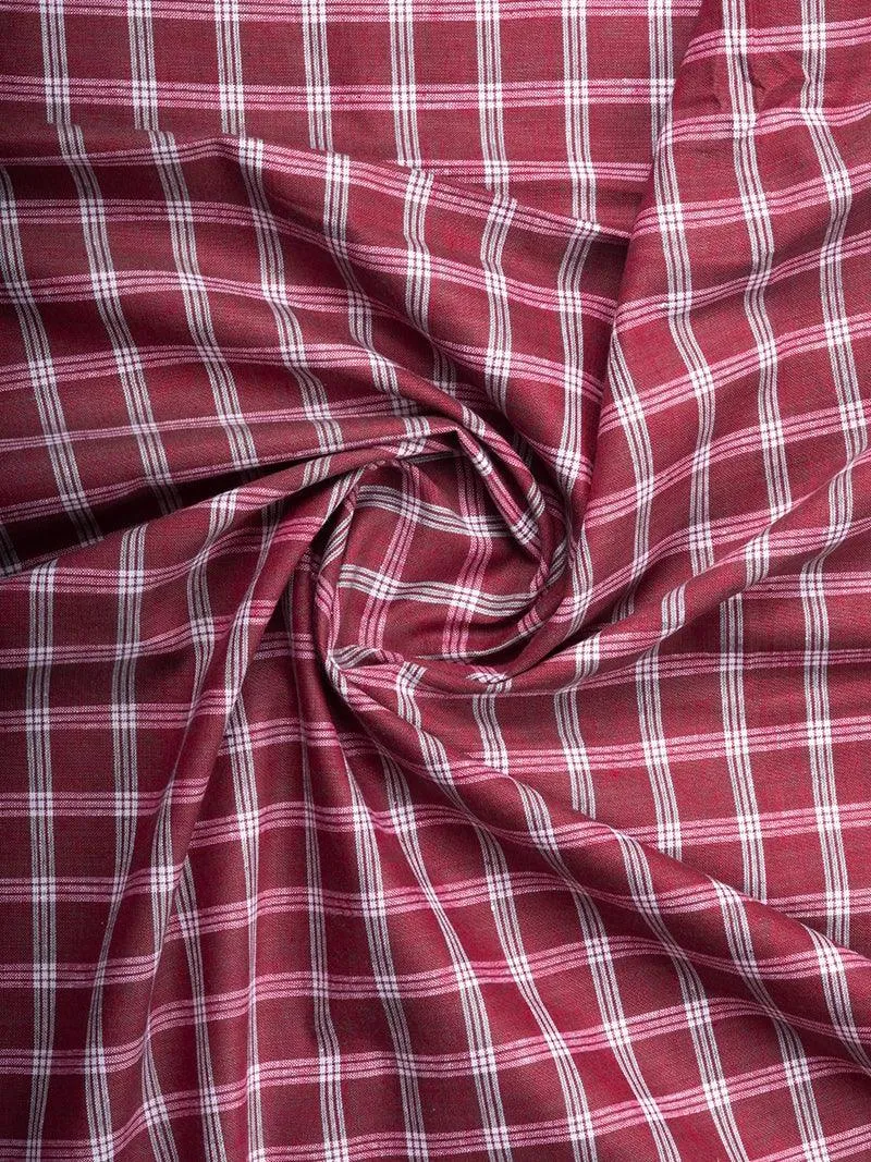 Maroon White Checks Handwoven Organic Cotton Fabric 44 inch Width
