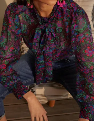 Rosaline Silk Blouse-French Navy, Opulent Bloom