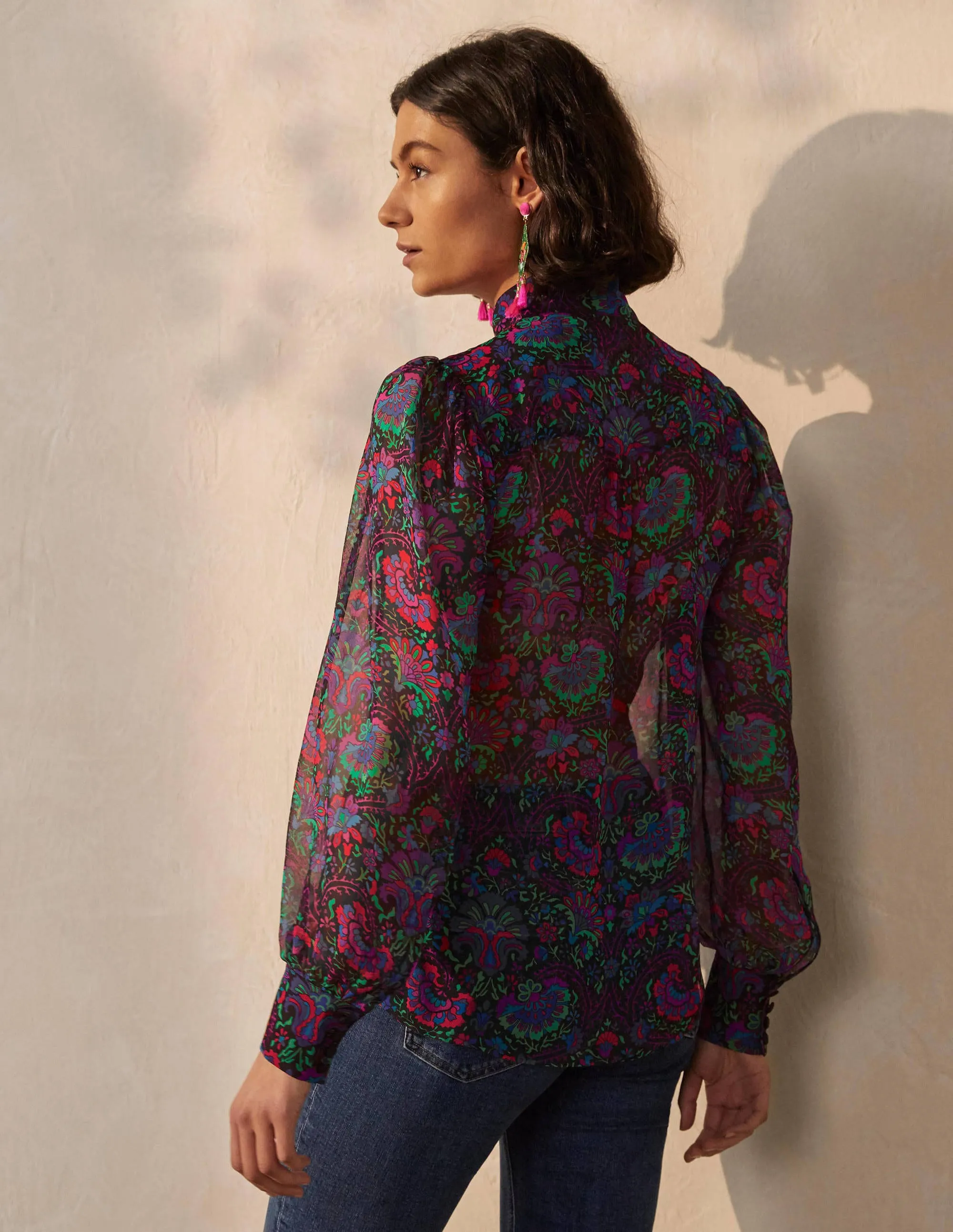Rosaline Silk Blouse-French Navy, Opulent Bloom