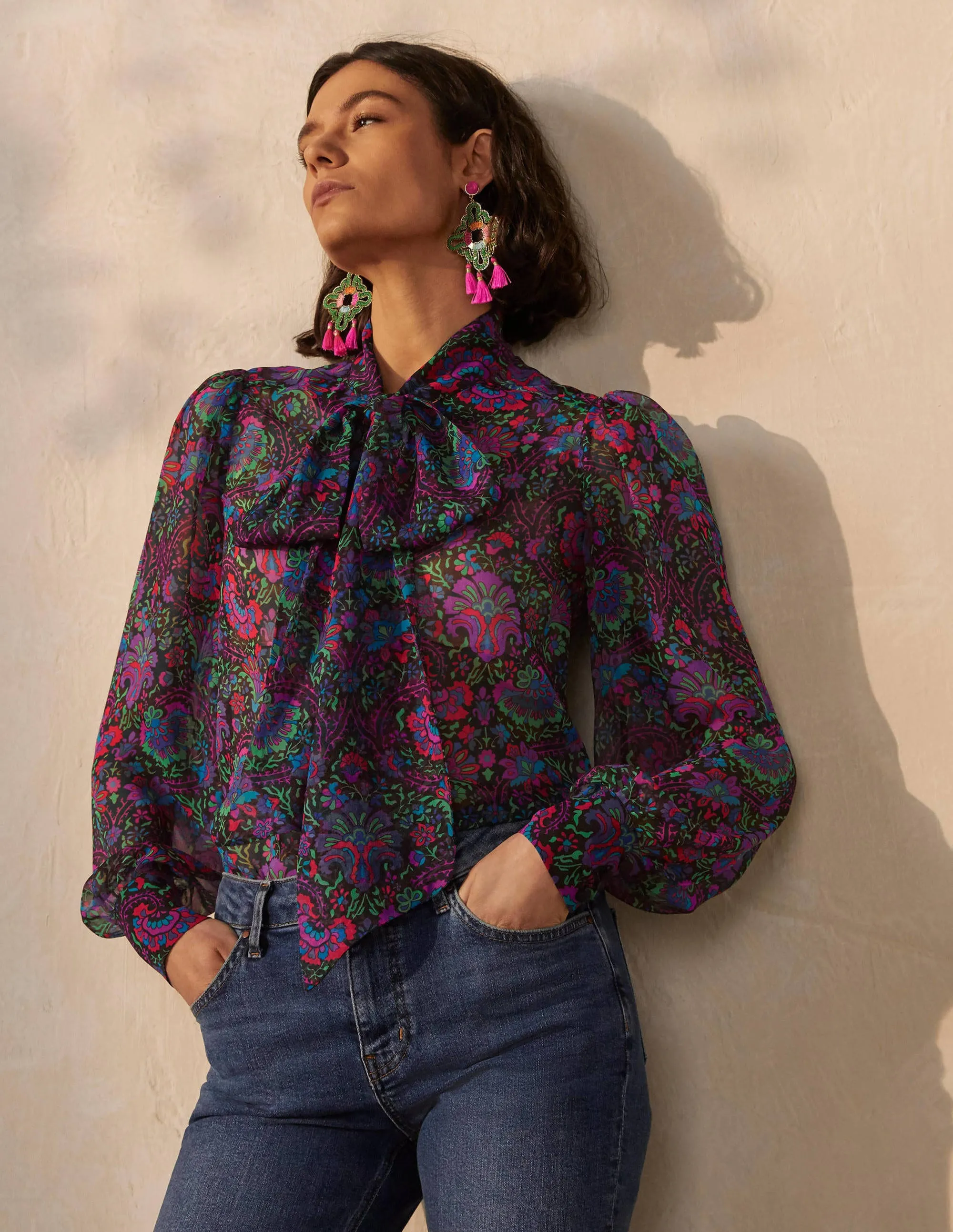 Rosaline Silk Blouse-French Navy, Opulent Bloom