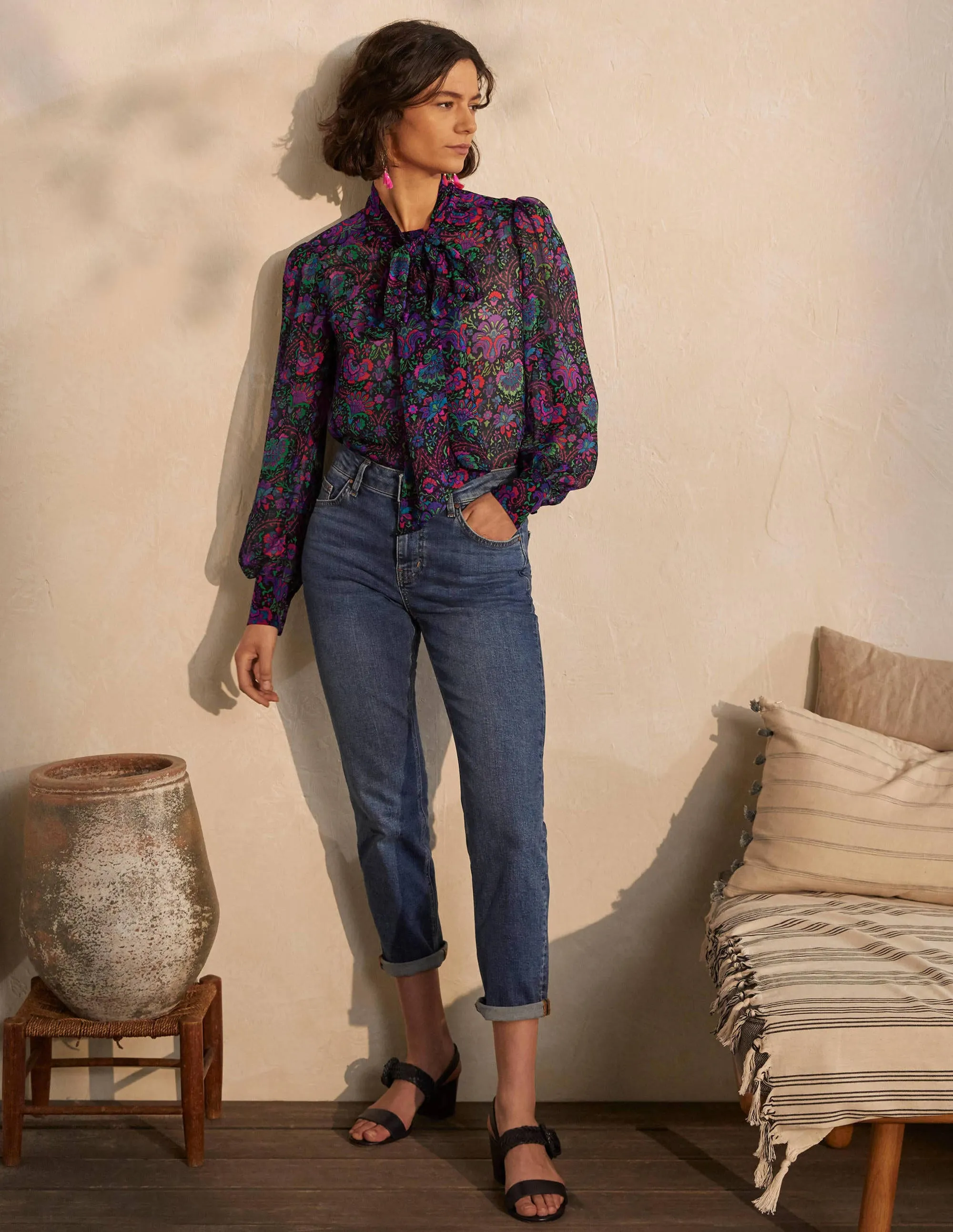 Rosaline Silk Blouse-French Navy, Opulent Bloom