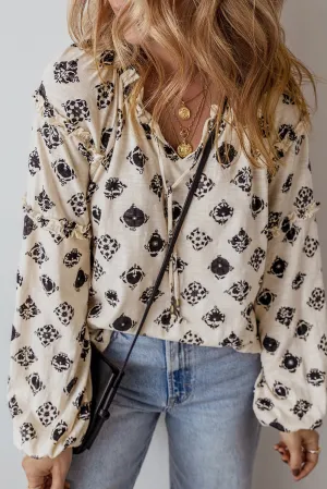 Split Neck Bubble Sleeve Loose Blouse