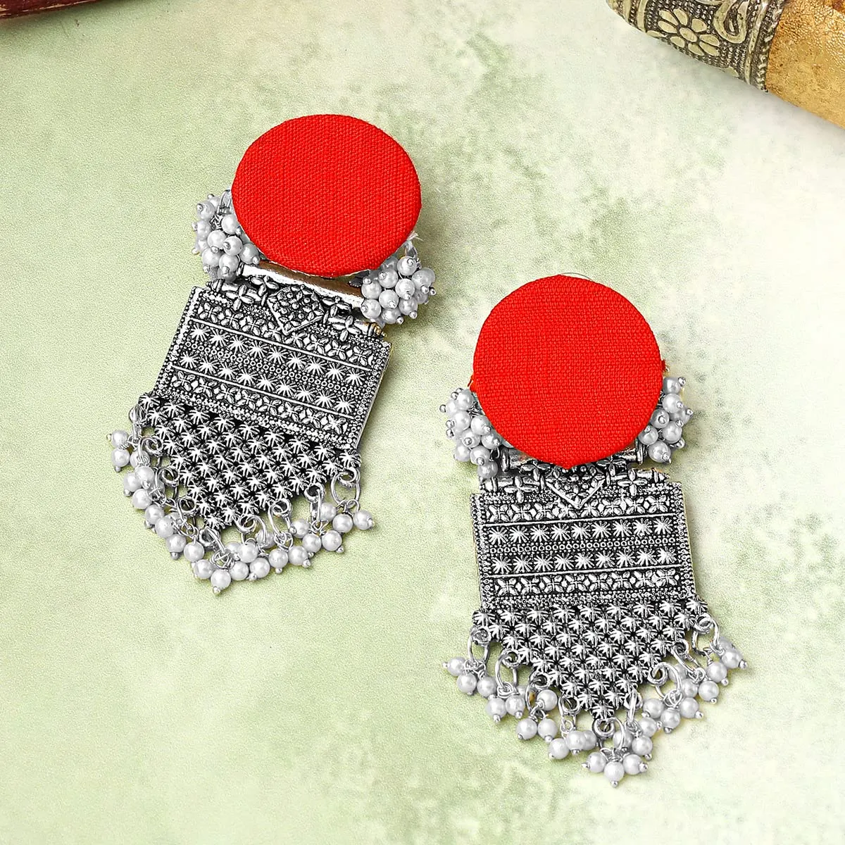 Yellow Chimes Earrings for Women and Girls Traditional Silver Oxidised Drop|Red Woven Wrapped Pearl Drop Earrings|Birthday Gift For girls and women Anniversary Gift for Wife