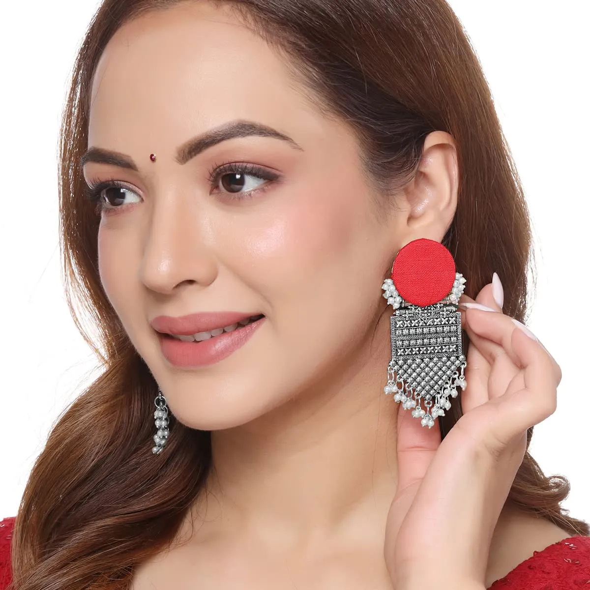 Yellow Chimes Earrings for Women and Girls Traditional Silver Oxidised Drop|Red Woven Wrapped Pearl Drop Earrings|Birthday Gift For girls and women Anniversary Gift for Wife