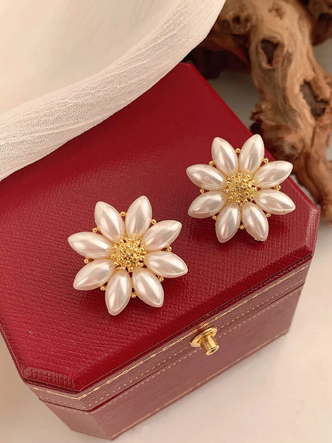 Yellow Chimes Earrings For Women Flower Shape White and Yellow Pearl Studded Stud Earrings For Women and Girls