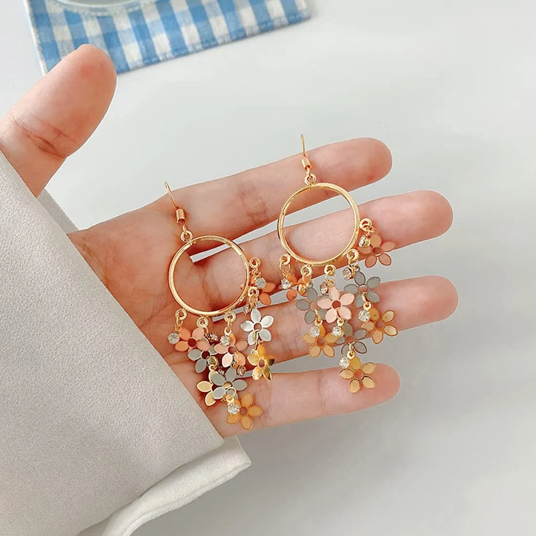 Yellow Chimes Earrings For Women Gold Tone Open Circle Crystal Flower Hanging Hook Drop Earrings For Women and Girls
