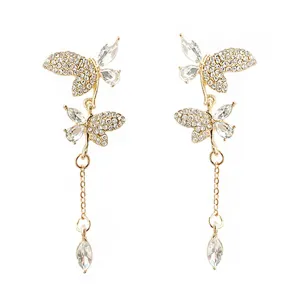 Yellow Chimes Earrings For Women Gold Tone Sparkling Crystal Double Butterfly Drop Dangle Earrings For Women and Girls