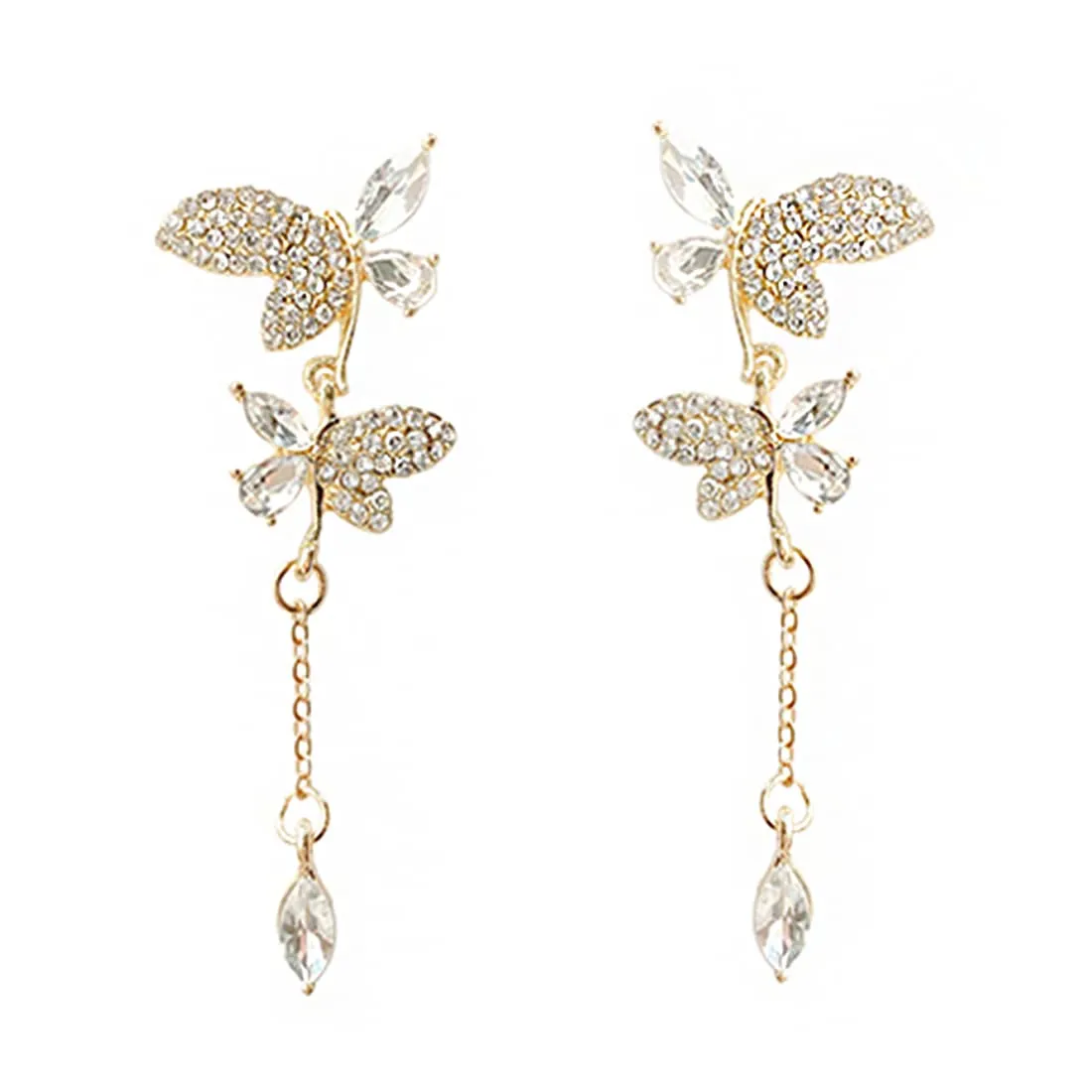 Yellow Chimes Earrings For Women Gold Tone Sparkling Crystal Double Butterfly Drop Dangle Earrings For Women and Girls