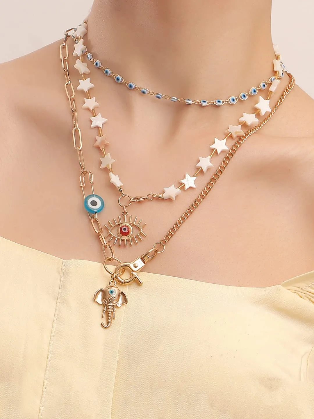Yellow Chimes Necklace For Women Mixed Layered Chunky Gold Toned With Evil Eye Elephant Charm Beaded Star studded Neckchain For Women and Girls